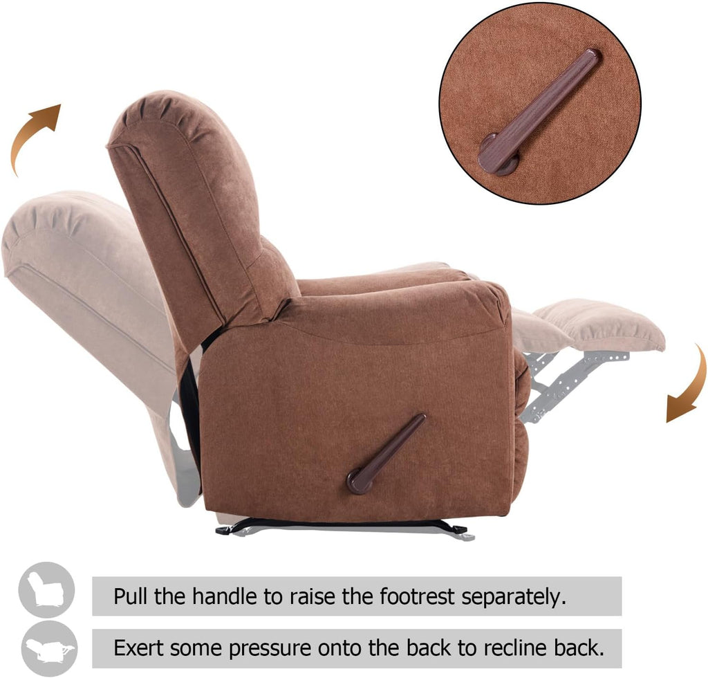 CANMOV Rocker Recliner Chair for Adults,Manual Recliner Chair with Overstuffed Backrest and Armrests, Soft Fabric Manual Rocking Reclining Sofa for Living Room, Brown
