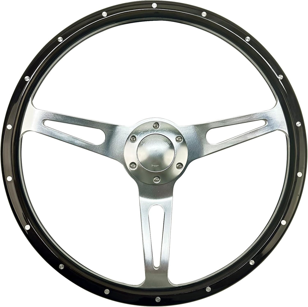 15inch Classic Wood Grain Steering Wheel With Riveted Light Grip | Black Green Gunmetal Finish, Brushed Aluminum 3 Spoke, 1.5inch Depth, 6 holes,with Horn button, Fit Hot Rod, Classic Muscle