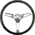 15inch Classic Wood Grain Steering Wheel With Riveted Light Grip | Black Green Gunmetal Finish, Brushed Aluminum 3 Spoke, 1.5inch Depth, 6 holes,with Horn button, Fit Hot Rod, Classic Muscle