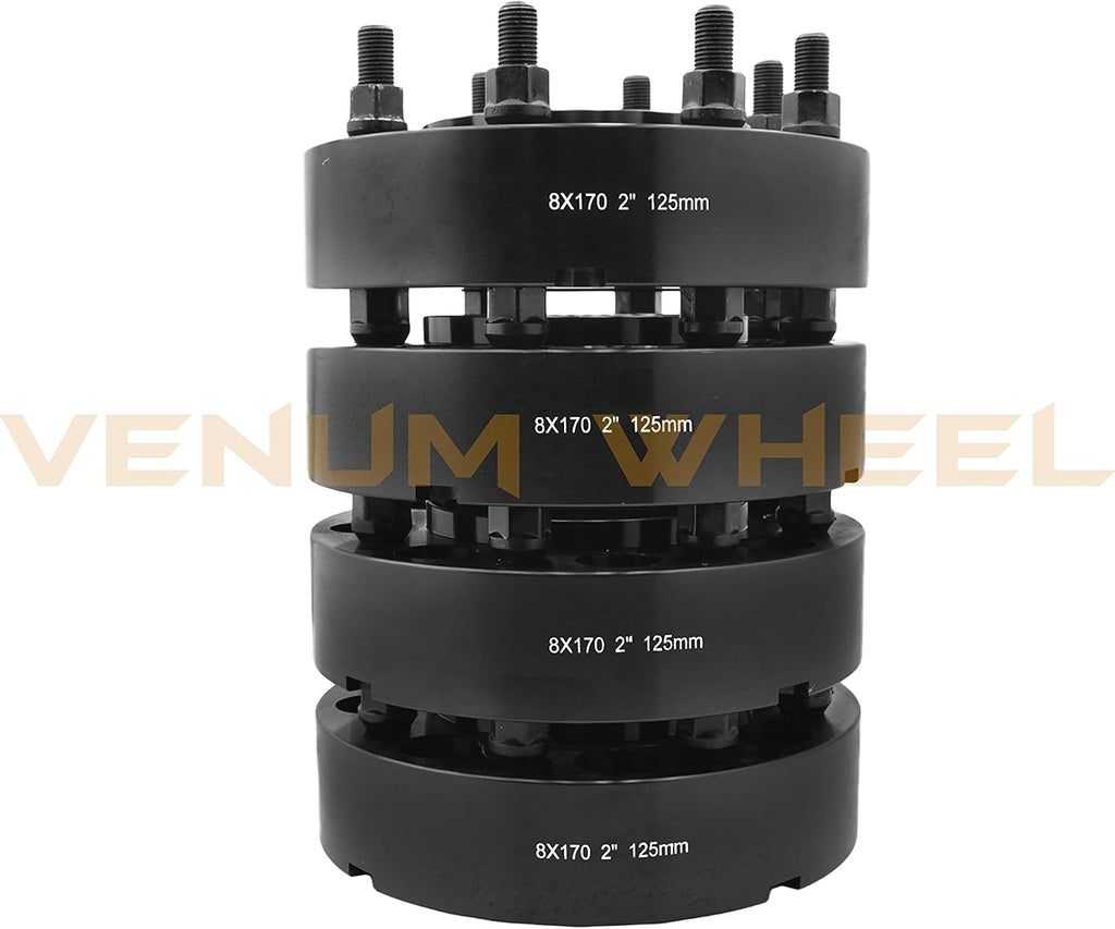 Complete Bolt-On Kit 2' Thick Black Hub Centric Wheel Spacers Adapters (True Hub Centric) With Lip M14x1.5 Studs Lug Nuts Made In USA Works With F-250 F-350 SRW Excursion