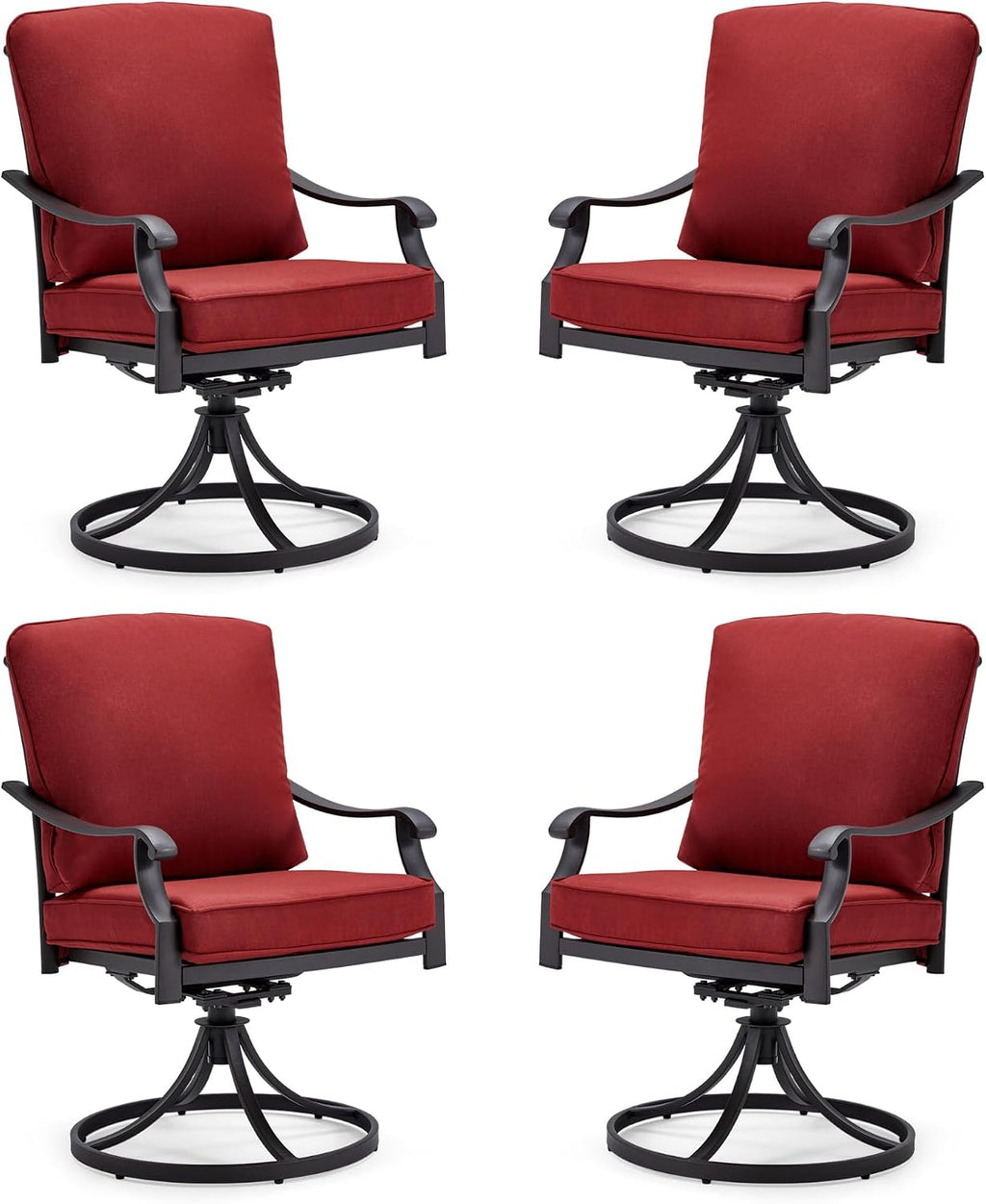 MELLCOM Patio Swivel Chair Set of 4, Heavy Duty Outdoor Dining Chairs with Thickened Cushions, Metal Patio Chairs Gentle Rocker for Outside, Garden Lawn & Porch, Backyard, Red