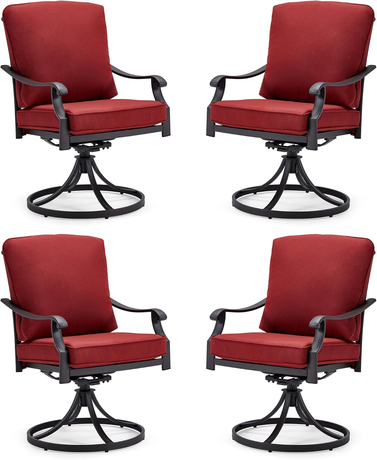 MELLCOM Patio Swivel Chair Set of 4, Heavy Duty Outdoor Dining Chairs with Thickened Cushions, Metal Patio Chairs Gentle Rocker for Outside, Garden Lawn & Porch, Backyard, Red