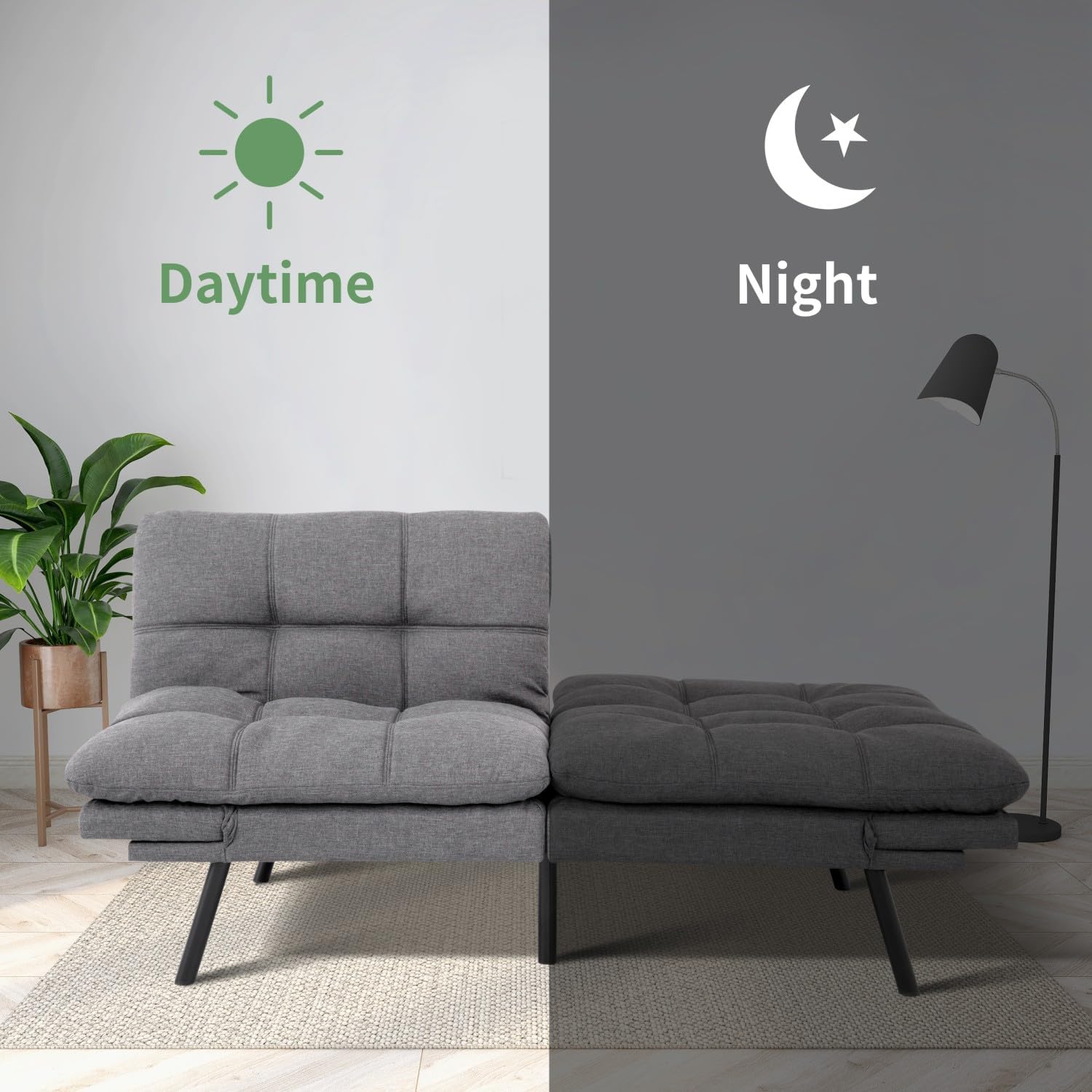MUUEGM 71-Inch Futon Sofa Bed, Convertible Loveseat Sleeper | Airy Light Gray Linen | Adjustable Couch for Modern, Minimalist Spaces