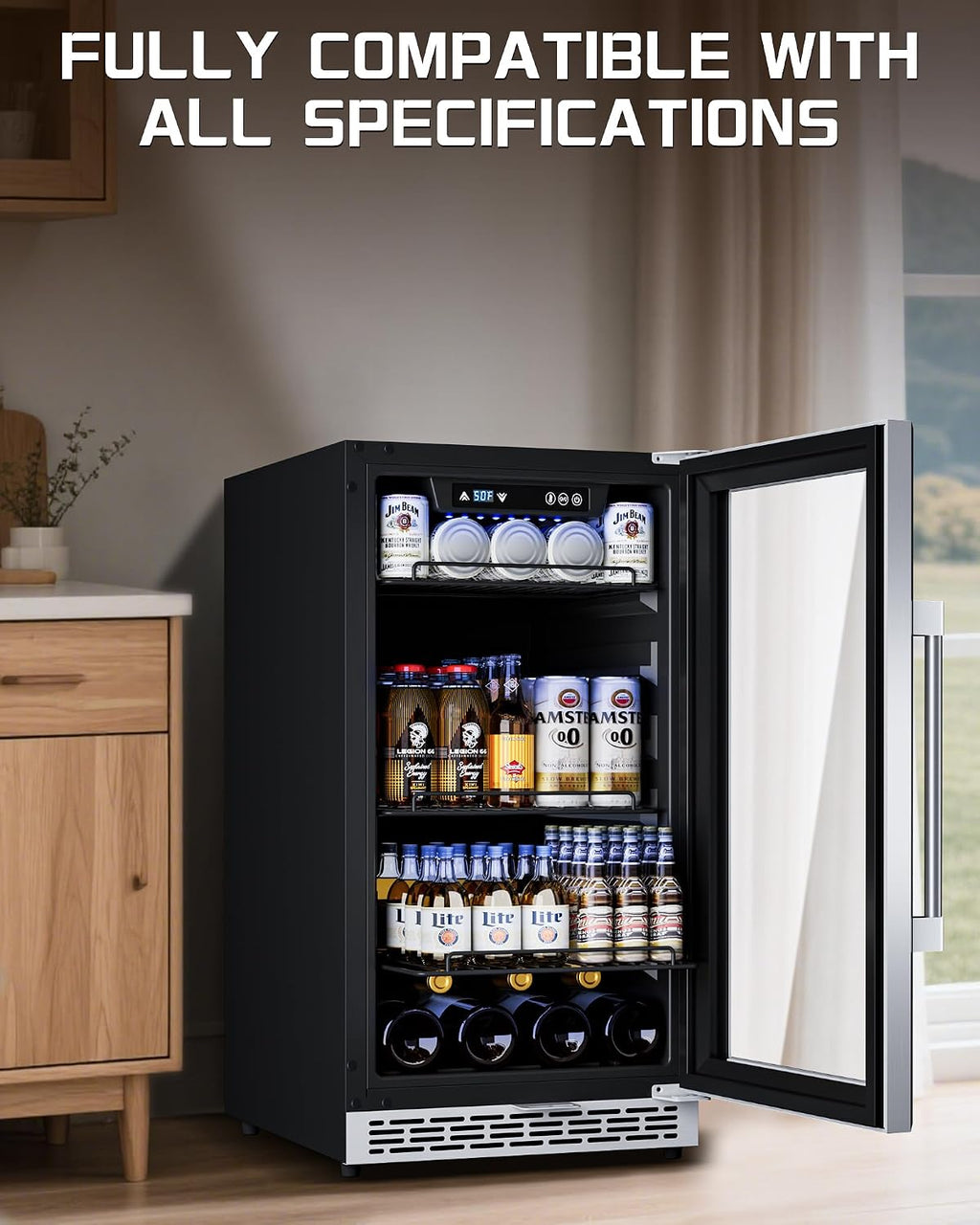 18 inch Glass Door Beverage Refrigerator – 160 Can Mini Fridge for Wine, Beer, Soda, Ideal for Home, Office, or Bar, Under Counter Built-In Design