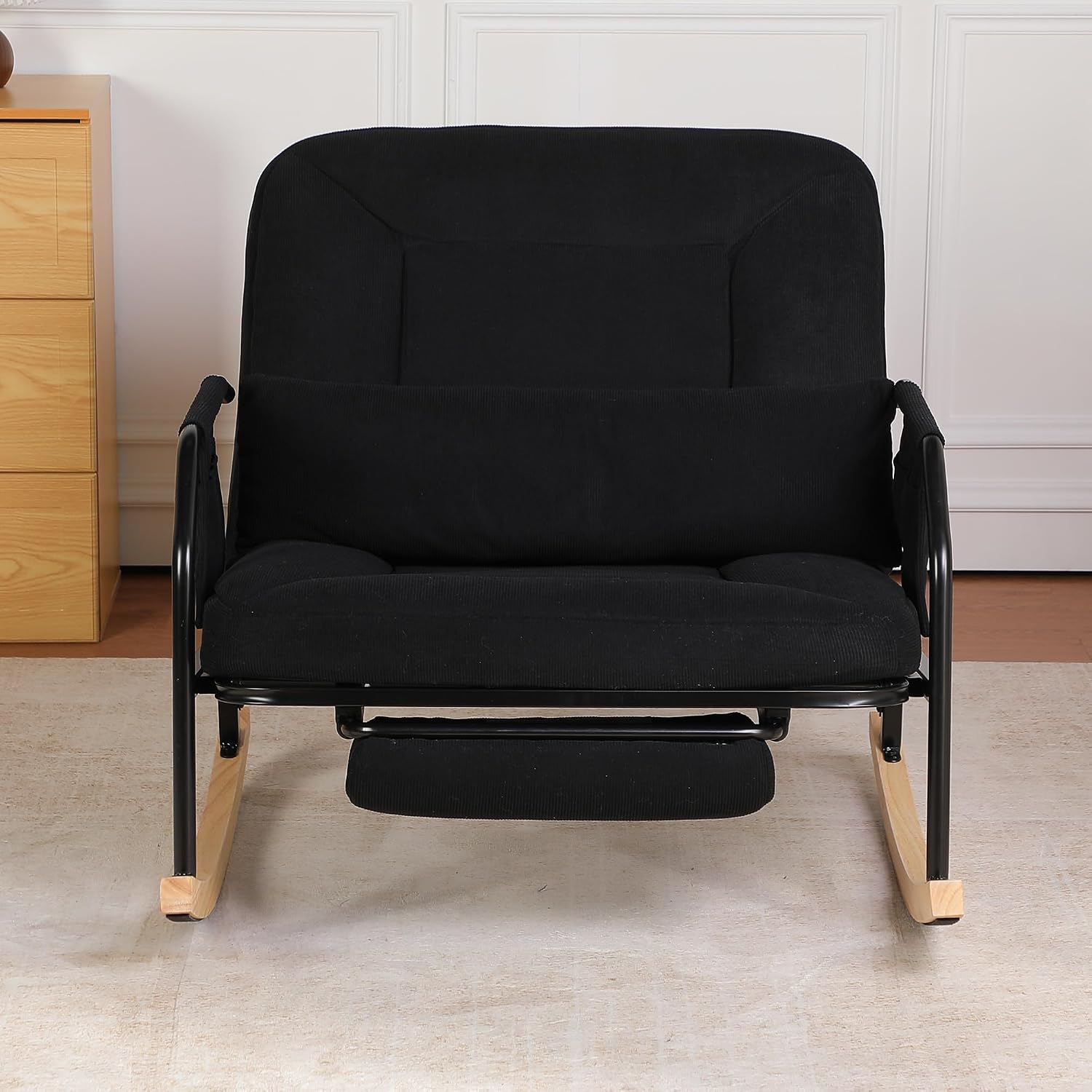 Oversized Rocking Chair, Extra-Wide Glider Patio Rocker Chairs with Foot Rest, Padded Cushion, Adjustable Backrest, Mental Wooden Farm, Indoor/Outdoor Living Room Bedroom Balcony Porch，Black