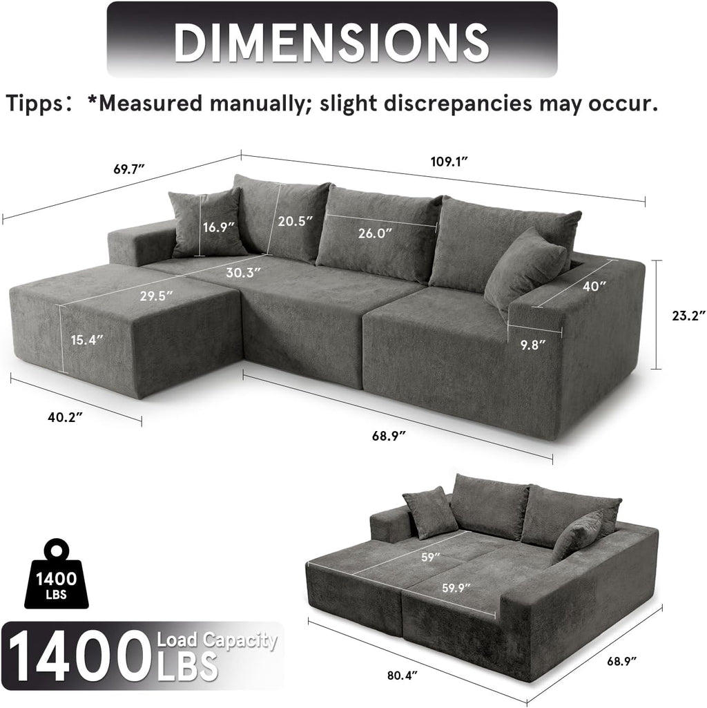 Sytopia 109' L-Shaped Cloud Couch, Boneless Modular Sectional Sofa with Deep Seat for Living Room Bedroom, Modern Floor Couch Chenille, Comfy Sleeper Futon Sofa Bed 40D Foam Furniture, Left Facing