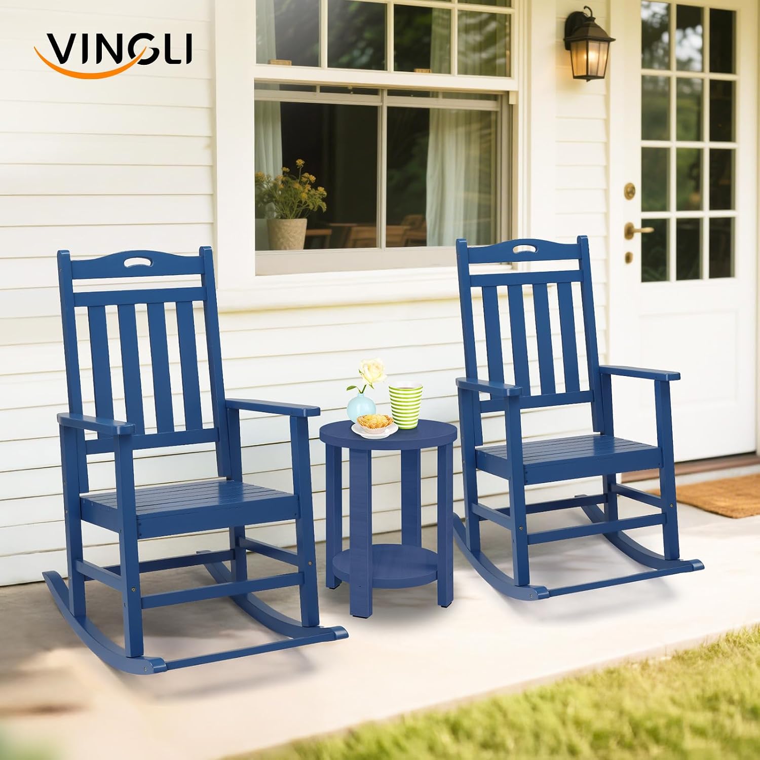 VINGLI Outdoor Rocking Chair with Footrest, Wooden Rocking Chair with 450 LBS Weight Capacity, Patio Rocker with Comfortable Backrest for Garden, Yard (Navy Blue, 2PCS)