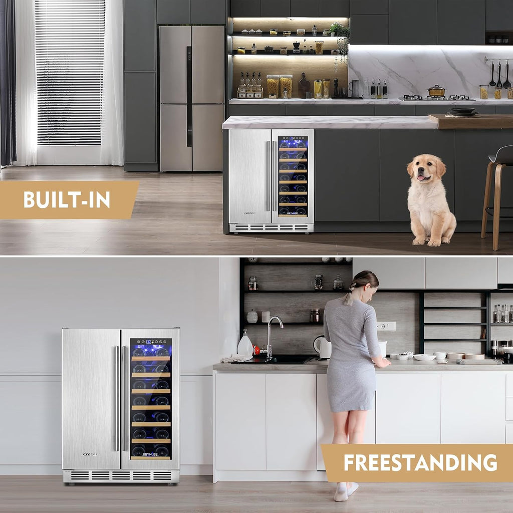 ORYMUSE Wine and Beverage Refrigerator Dual Zone, 24' Undercounter Beverage Fridge for Soda, Water and Beer, Built-in/Freestanding, Holds 20 Bottles & 88 Cans, Stainless Steel