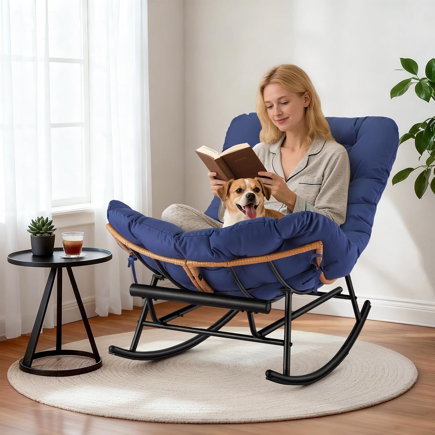 Indoor Papasan Rocking Chair, Rattan Rocker with Extendable Footrest & Detachable Polyester Cushion, 450lbs Sturdy Large Reading Lounge for Indoor Bedroom Living Room, Royal Blue