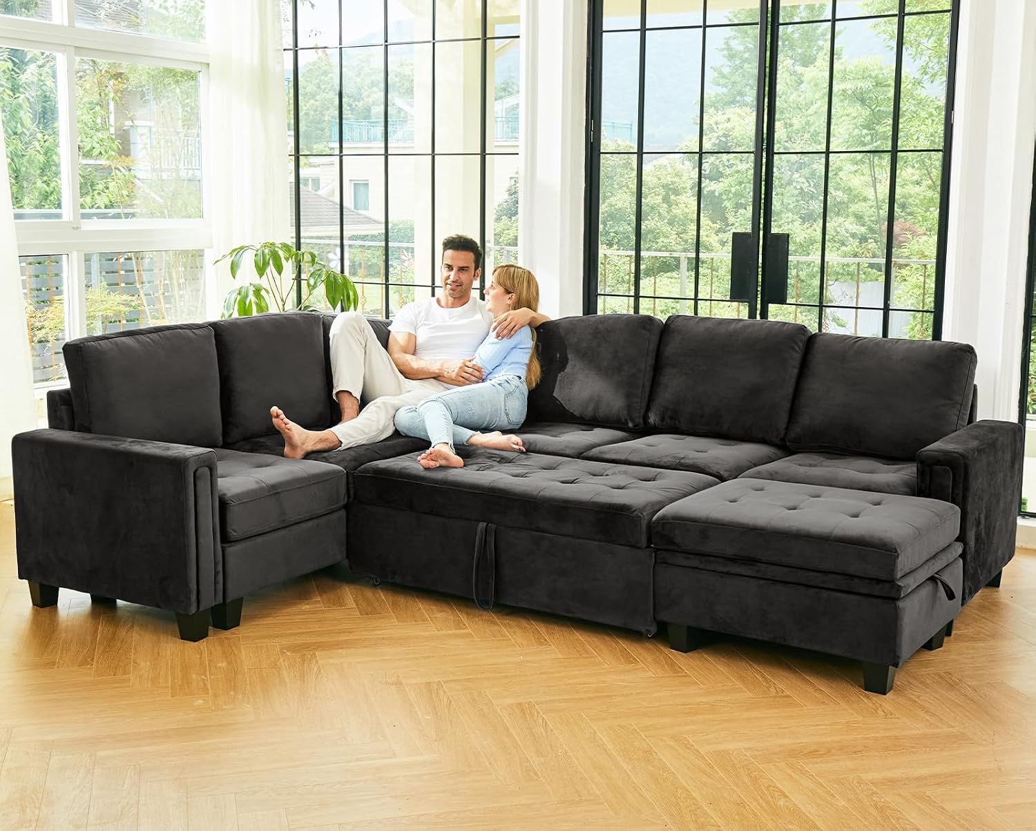 Belffin Modular Sectional Sleeper Sofa with Pull Out Bed U Shaped Sectional Sofa Couch with Storage Ottoman Velvet Covertible 7-Seater Sofa for Living Room Grey