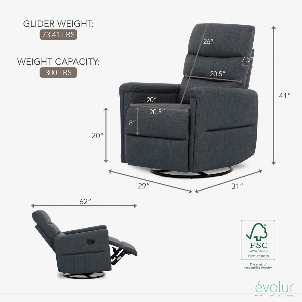 Evolur Peyton Manual Glider Recliner – Graphite, Rocking & 360° Swivel with Smooth Glide – GREENGUARD Gold & FSC Certified – Modern Nursery and Living Room Chair