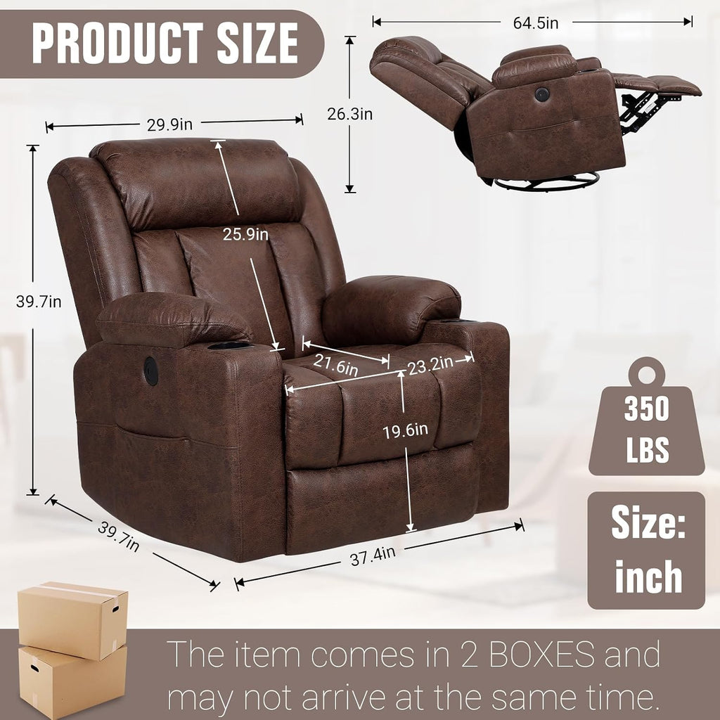 LEVELEVE Retro Rocking Recliner Chair, Massage Rocker Recliner Chair with Vibration Massage and Heat, USB and Type-C Ports,360° Swivel Chairs,Living Room, Bedroom, Nursery, RV, Brown