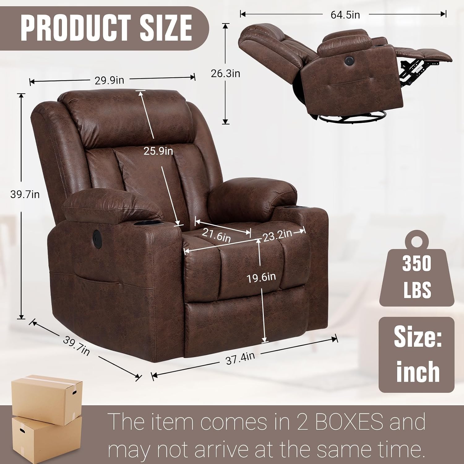 LAFWELL Retro Rocking Recliner Chair, Massage Rocker Recliner Chair with Vibration Massage and Heat, USB and Type-C Ports,360° Swivel Chairs,Living Room, Bedroom, Nursery, RV, Brown