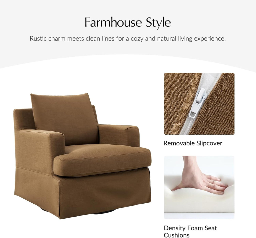 HULALA HOME Swivel Rocker Chair with Solid Wood Frame, Farmhouse Swivel Rocking Accent Chair with Washable Slipcover, Upholstered Barrel Armchair Down Blend Back and Seat Cushions, Golden