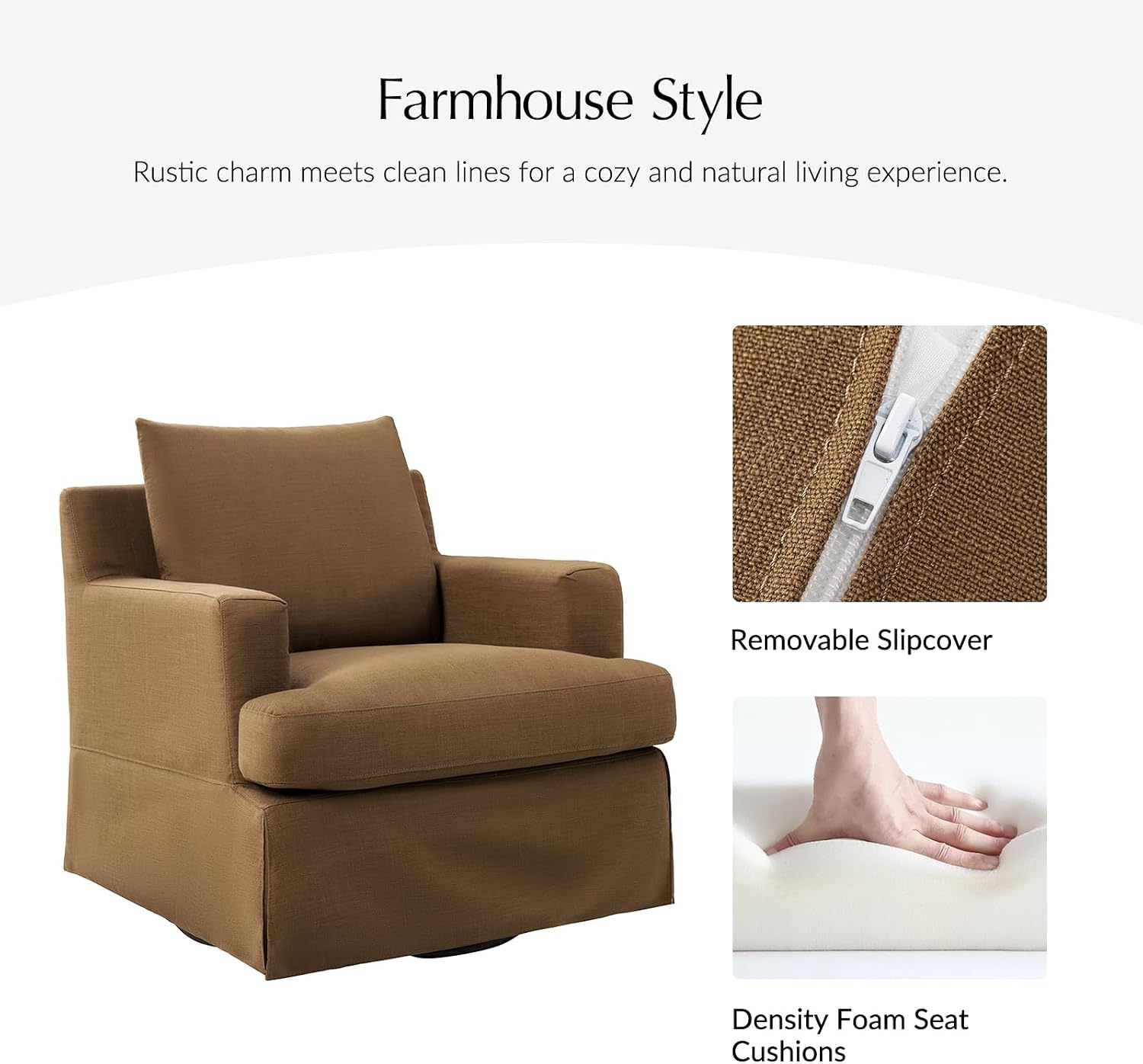 HULALA HOME Swivel Rocker Chair with Solid Wood Frame, Farmhouse Swivel Rocking Accent Chair with Washable Slipcover, Upholstered Barrel Armchair Down Blend Back and Seat Cushions, Golden