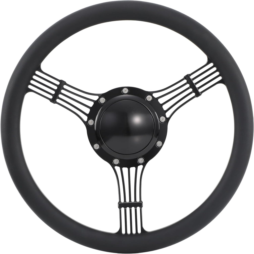 14'' Billet Banjo Half Wrap Steering Wheel with 9 Bolts 2'' Dish and Horn Button (Black)