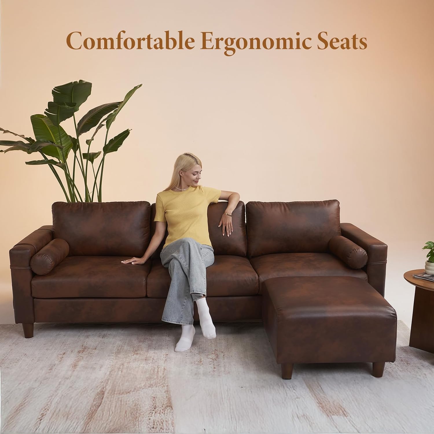 Vesgantti 100' L Shaped Faux Leather Couch with Movable Ottoman, 3 Seater PU Leather Sectional Sofa with Side Pocket, Mid Century Modern Modular Couch for Living Room, Bedroom, Chocolate