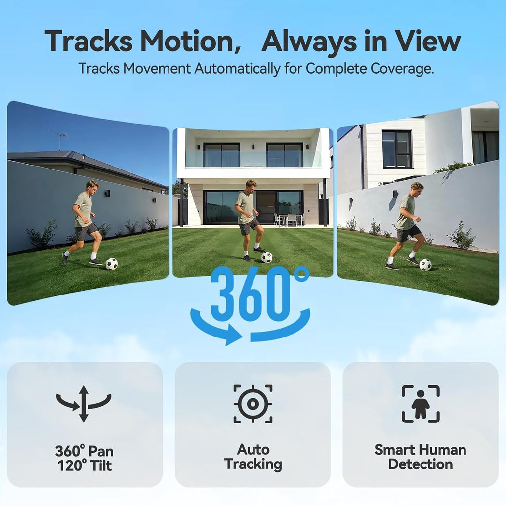 MUBVIEW 24/7 Continuous Recording Wireless Outdoor Security Camera, 2.4G WiFi, 2K Solar Powered, 360° PTZ, Auto Tracking, SD Included, Optional Cloud Storage, AI Detection, Night Vision(Black,2 Packs)