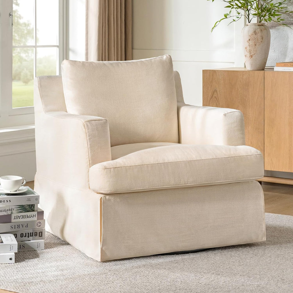 HULALA HOME Swivel Rocker Chair with Solid Wood Frame, Farmhouse Swivel Rocking Accent Chair with Washable Slipcover, Upholstered Barrel Armchair Down Blend Back and Seat Cushions, Linen
