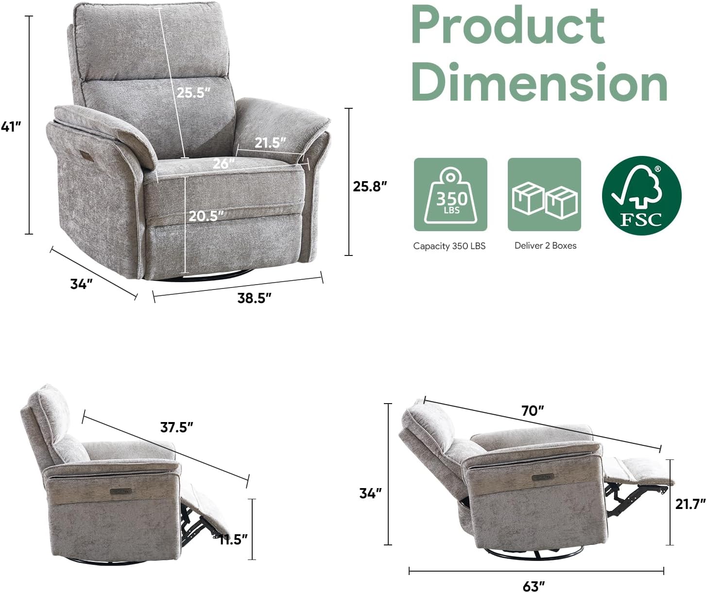 Oversized Rocking Chair Nursery with Massage and Heat, Glider Recliner Nursery Chair with Adjustable Headrest, Power Swivel Rocker Recliner Chair with USB Port, Light Grey