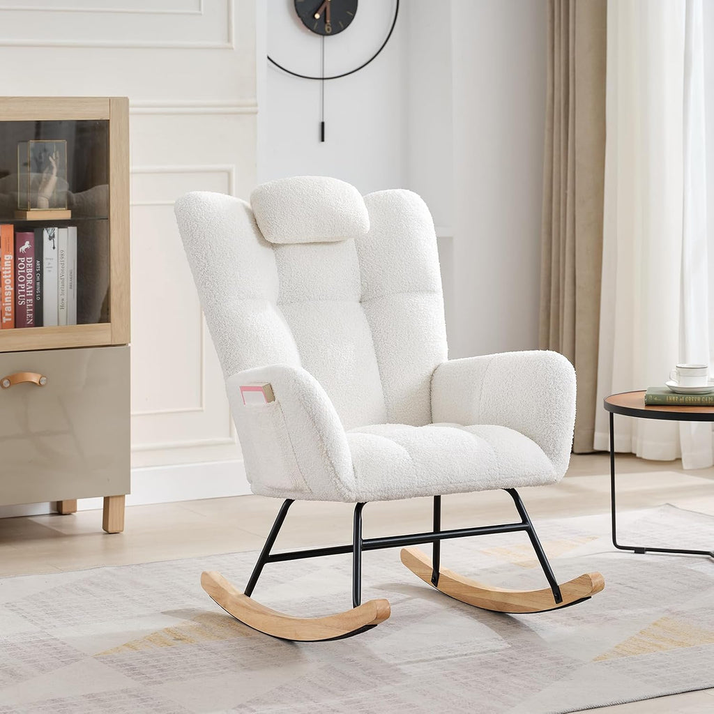 Nursery Rocking Chair - Teddy Upholstered Glider Rocker for Adults, Wood Legs, Two Side Pockets, Padded Seat, High Backrest, Glider Chair for Living Room, Bedroom, Small Spaces - Beige
