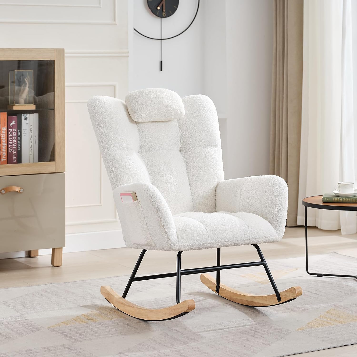 Nursery Rocking Chair - Teddy Upholstered Glider Rocker for Adults, Wood Legs, Two Side Pockets, Padded Seat, High Backrest, Glider Chair for Living Room, Bedroom, Small Spaces - Beige