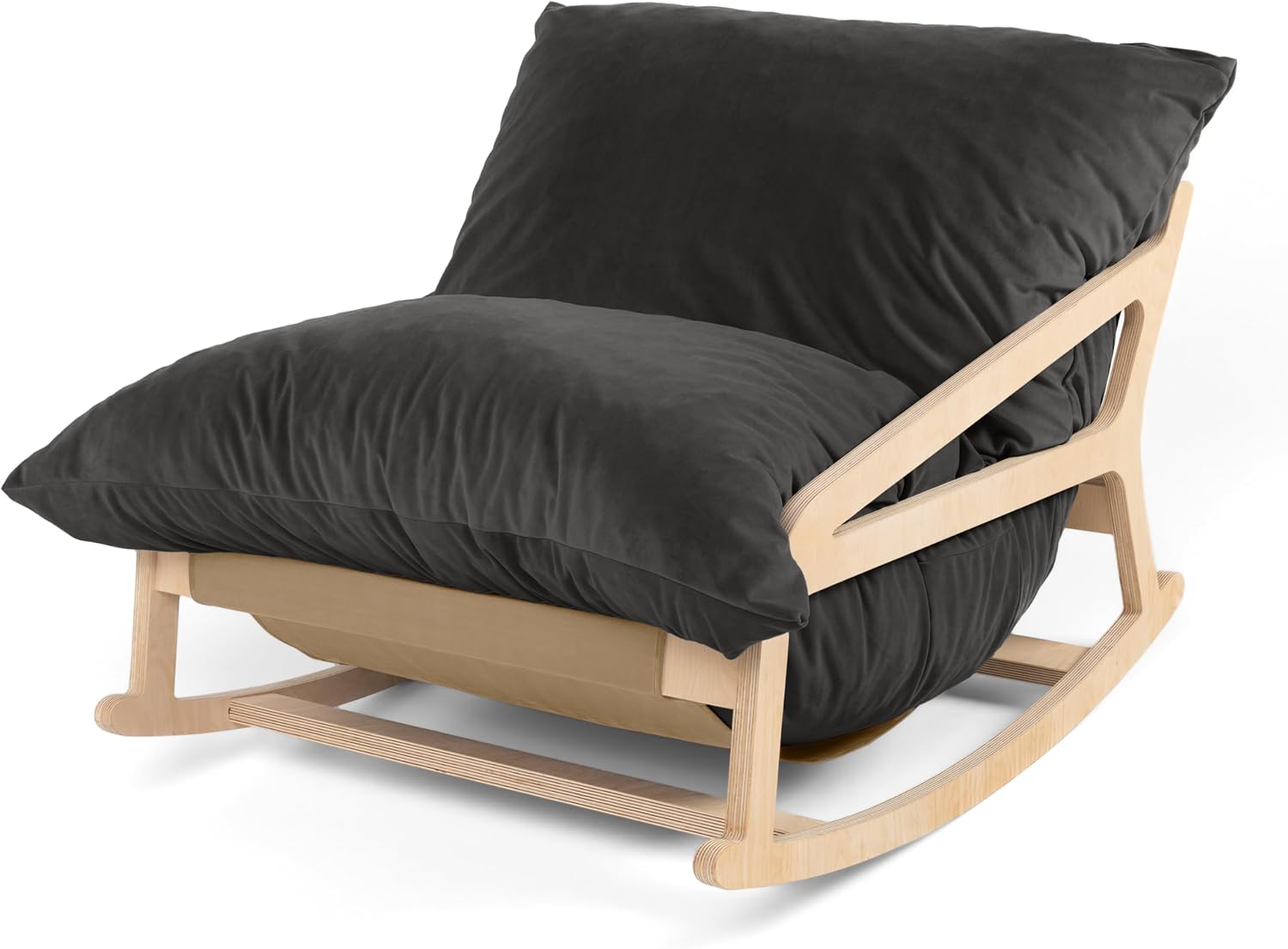 Pillow Saxx Bean Bag Rocking Chair - Elegant Oversized Rocker with Modern Wood Frame, Lush Velvet Black