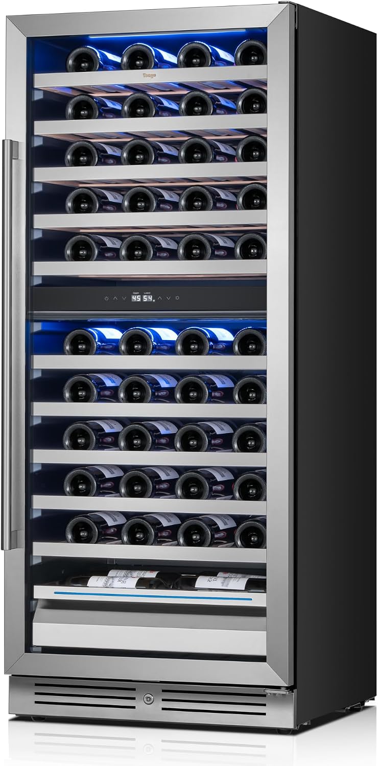 Yeego 24 Inch Wine Fridge, 40°F-65°F Dual Zone Wine Cooler Refrigerator, 304 Stainless Steel Glass Door Lock, Temp Memory Blue & White LED Built-in Fridge with Adjustable Shelves (89 Bottle)