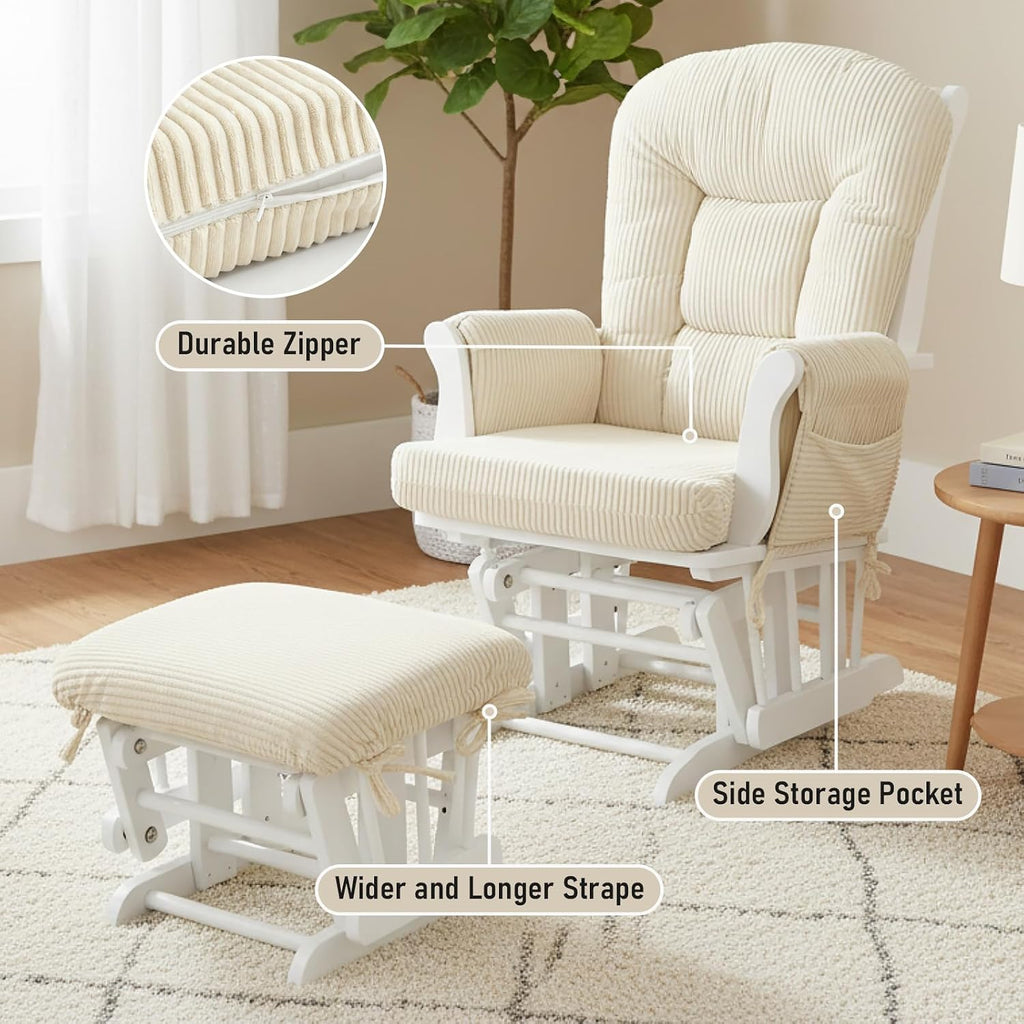 5PCS Glider Rocker Replacement Cushions with Storage Side Pockets, Thickened 3.5IN Seat & Supportive Striped Plush Rocking Chair Cushion Set with Ottoman Cover for Indoor Nursery, Beige
