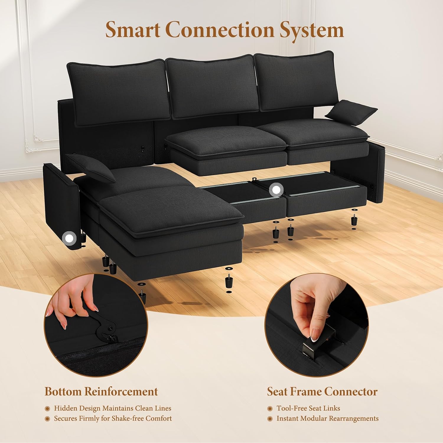 Vesgantti 142' U Shaped Sectional Couch, Comfy Cloud Modular Sectional Sofa with 2 Ottoman Deep Seat Chenille Modern Cloud Sofa, Modular Sofas for Living Room, Bedroom and Apartment, Black