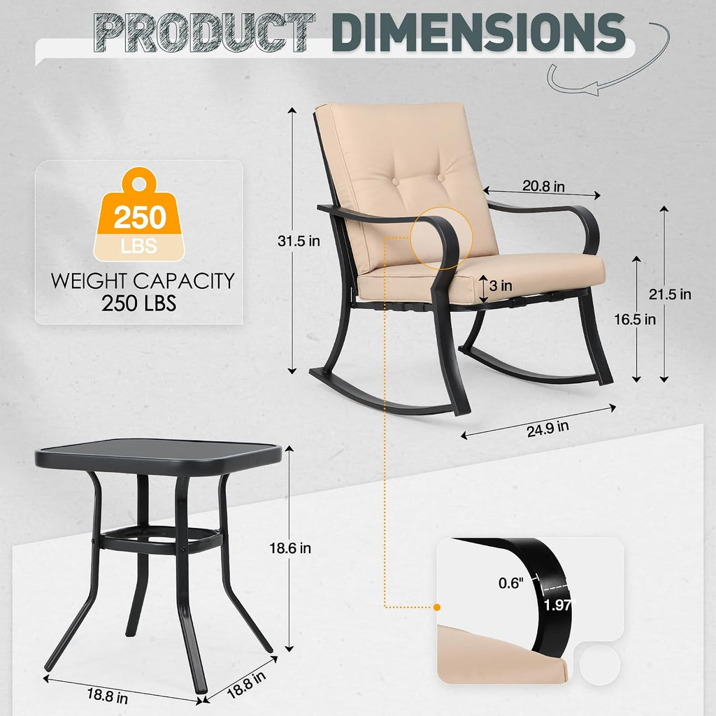 Incbruce 3 Piece Patio Bistro Set Outdoor Rocking Chairs Set, Porch Patio Conversation Chairs Set of 2 with Glass-Top Coffee Table (Brown Thickened Cushion)