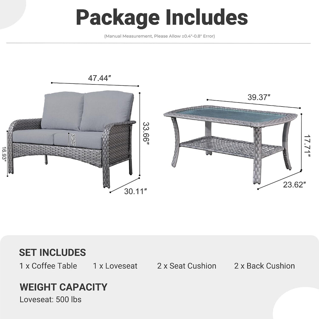 ovios 2-Piece Patio Furniture Set, Outdoor Wicker Sofa with Coffee Table, High Back Rattan Couch Loveseat with Comfy Cushions for Porch Yard Deck, Dark Grey