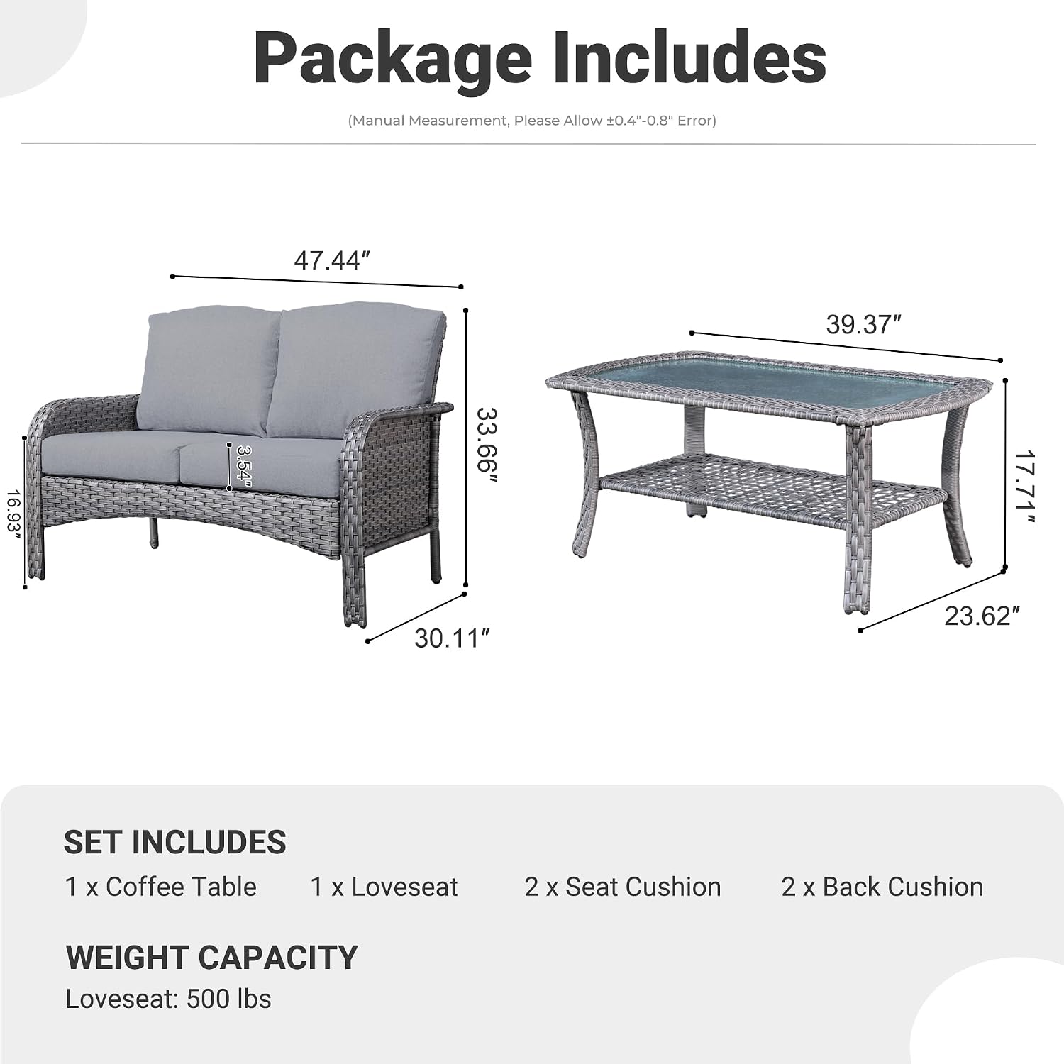ovios 2-Piece Patio Furniture Set, Outdoor Wicker Sofa with Coffee Table, High Back Rattan Couch Loveseat with Comfy Cushions for Porch Yard Deck, Dark Grey