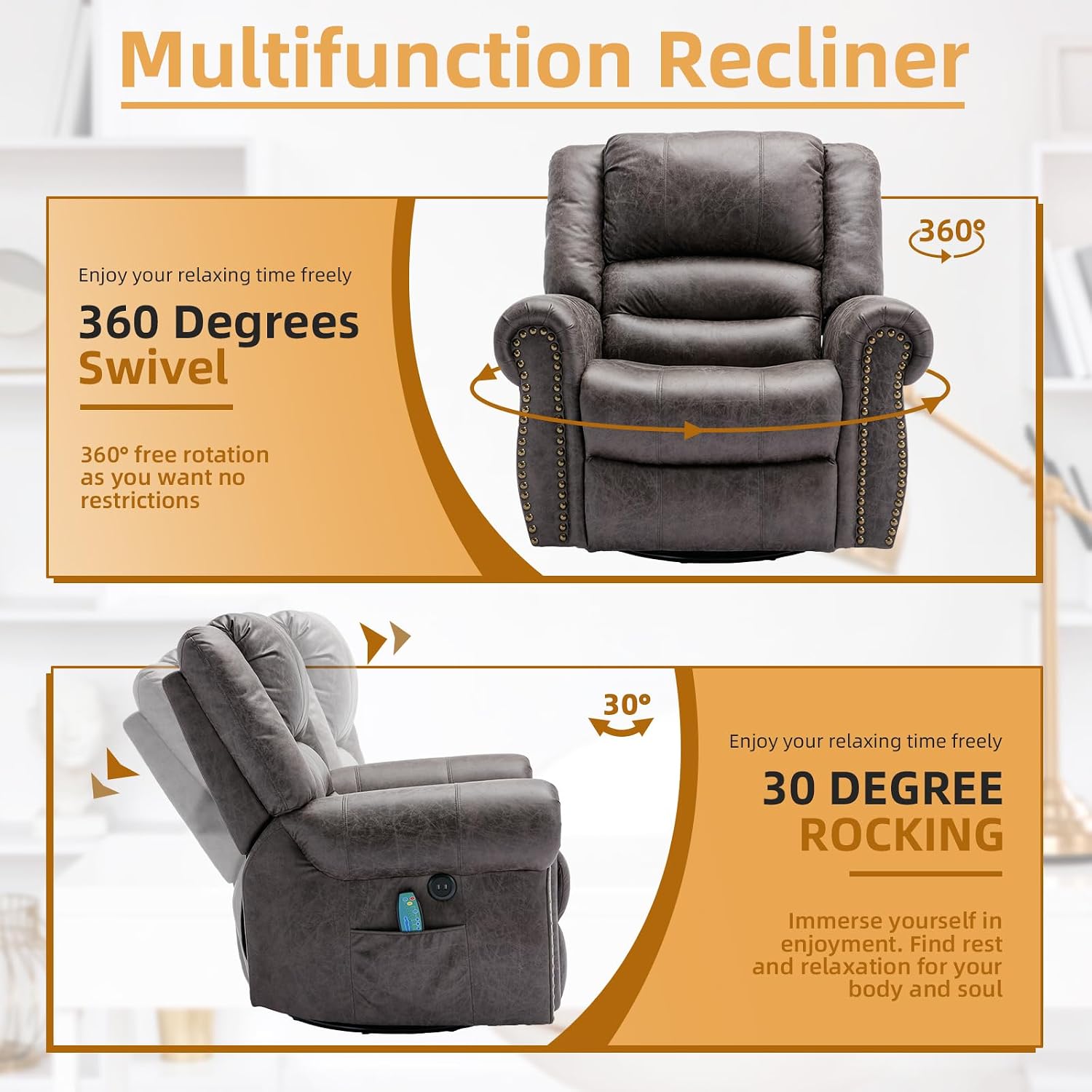 Manual Massage Recliner with Heating Function, 360° Swivel Glider Rocking Recliner Chair for Living Room, Ergonomic Single Sofa Chair with Remote Control/USB Ports/Side Pockets(Grey)