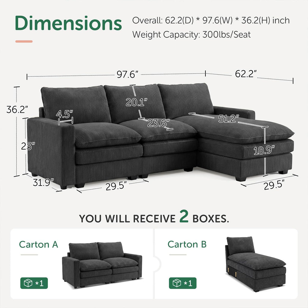 HONBAY 97.6 Inch Corduroy Cloud Modular Sectional Sofa with Chaise, Deep Seat L-Shaped Couch with Storage for Living Room, Apartment, Small Space,Grey