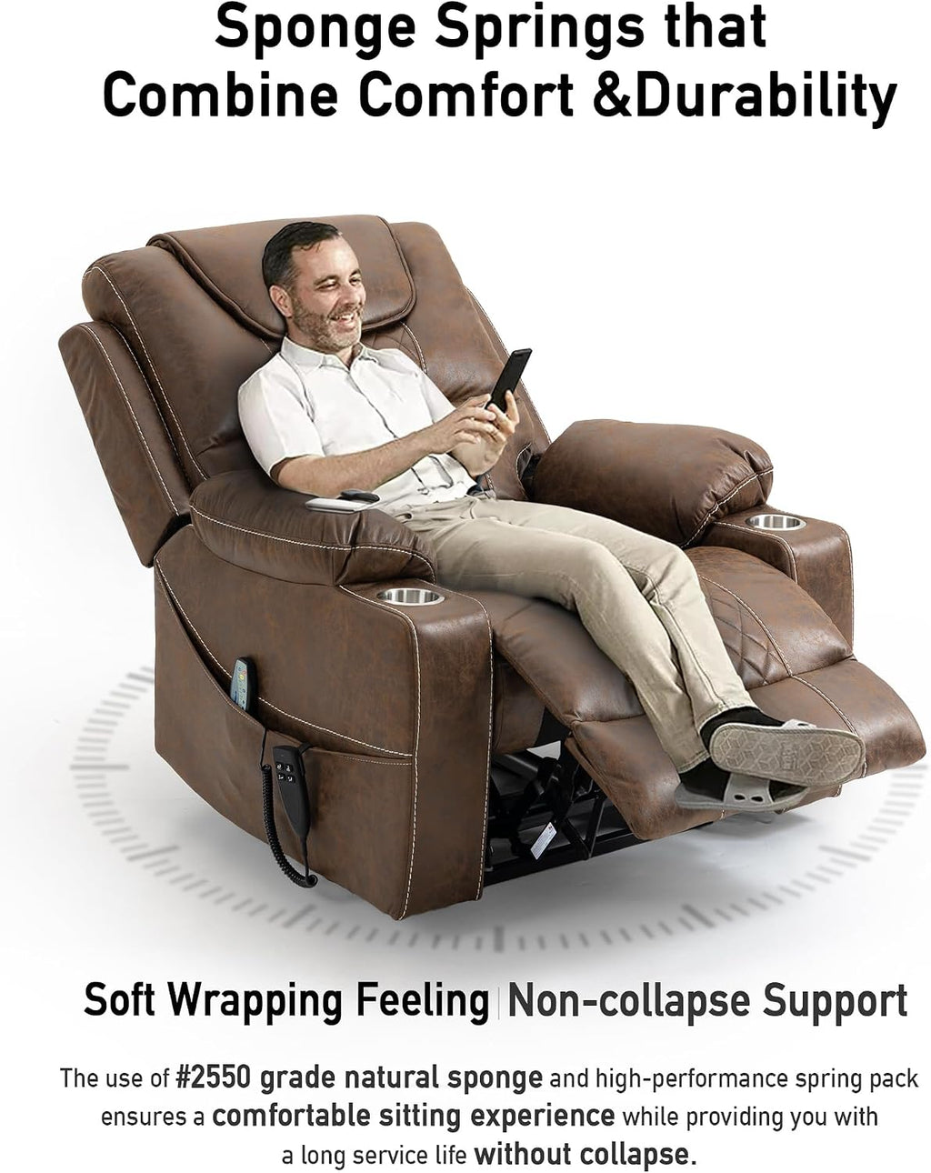Oversized Lazy Boy Recliner Chair, 2 Motor Leather Recliner, Nursing Lift Chair with Massage and Lumbar Heating, Functional Adult Power Recliner with Cup Holders
