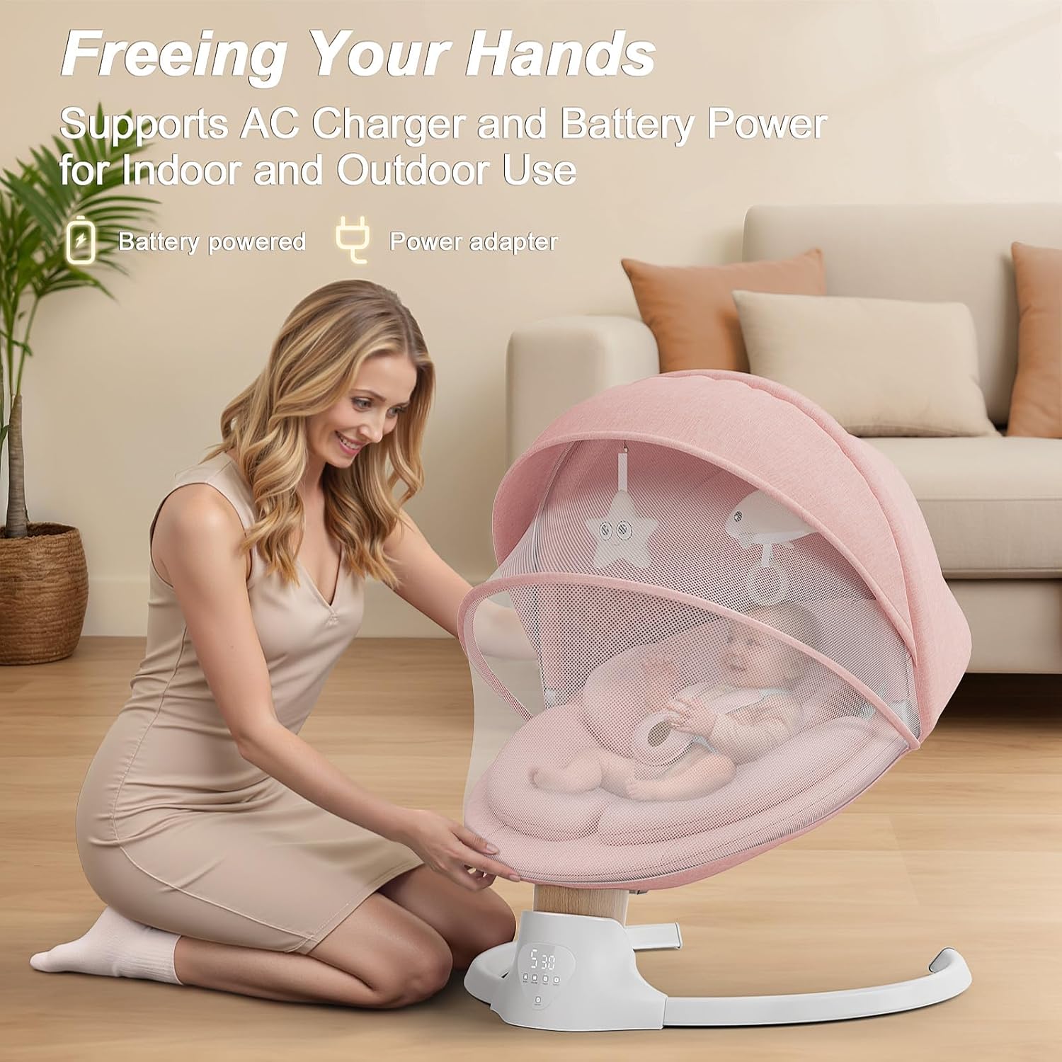 Baby Swings for Infants, FasonBaby Electric Baby Swing with 10 Preset Melodies, 5 Speeds, Remote Control and Bluetooth - Portable Infant Swing for Indoor and Outdoor(Pink)