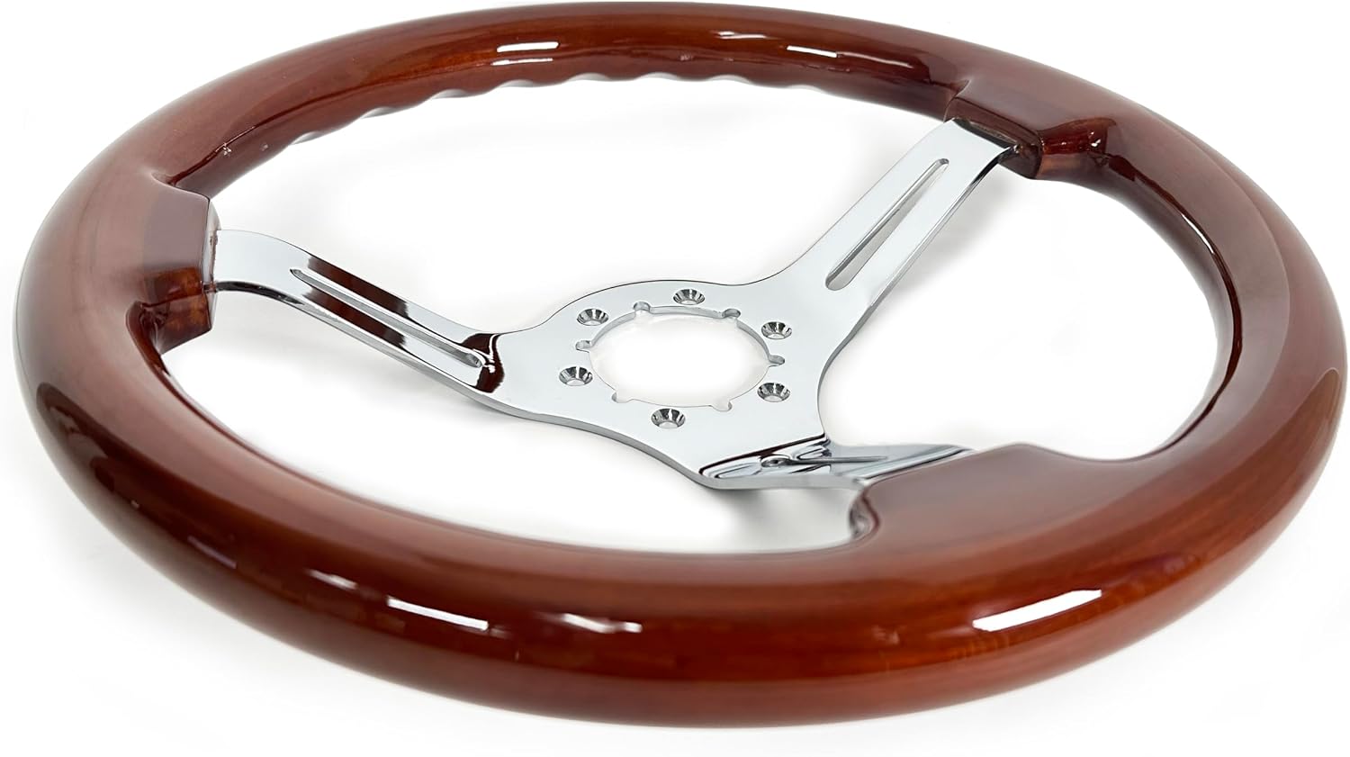VSW S6 Steering Wheel, Mahogany 6 Bolt Chrome Slotted 3-Spoke ST3011