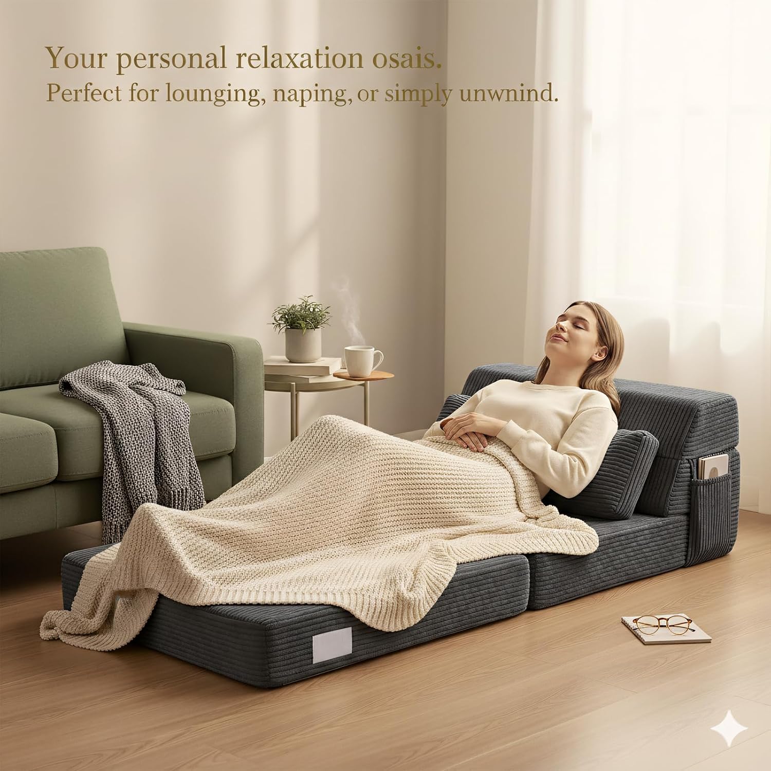 Folding Sofa Bed with Pillow, Convertible Sleeper Chair, Comfy Floor Futon Couch Mattress Lounge Lounge Sofa for Adults Portable Fold Out Chair Bed for Living Room Bedroom, Single, Gray