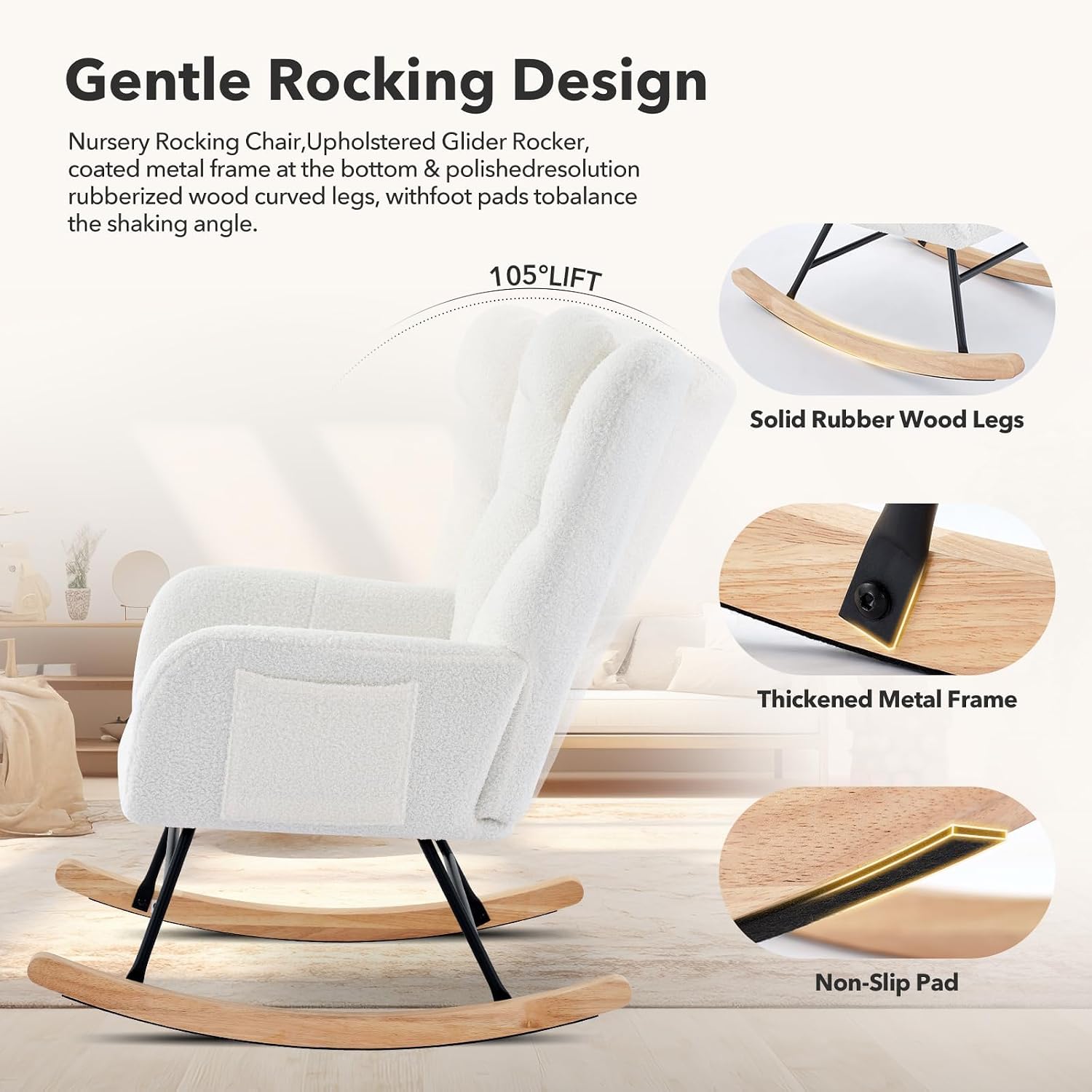 Nursery Rocking Chair - Teddy Upholstered Glider Rocker for Adults, Wood Legs, Two Side Pockets, Padded Seat, High Backrest, Glider Chair for Living Room, Bedroom, Small Spaces - Beige