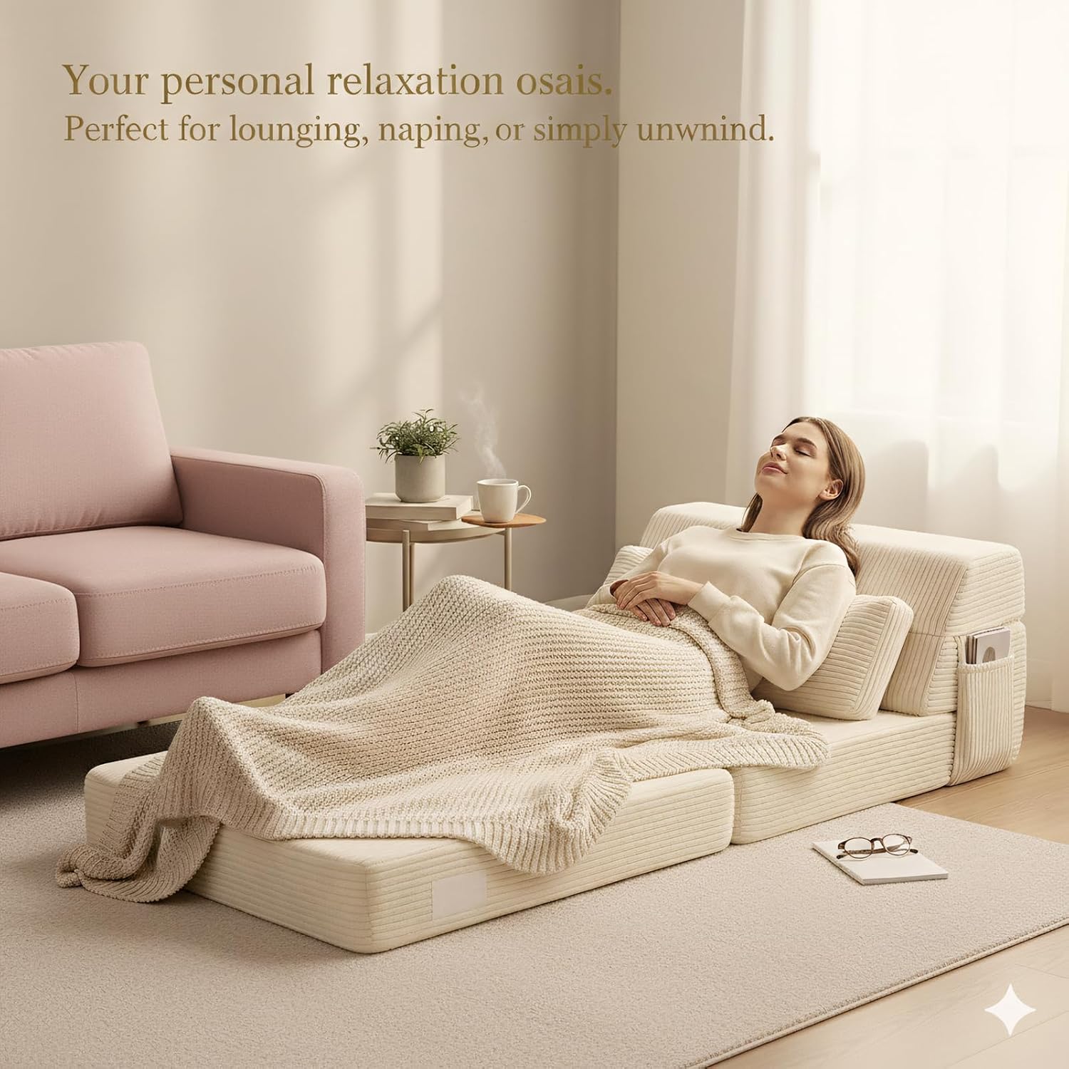 Folding Sofa Bed with Pillow, Convertible Sleeper Chair, Comfy Floor Futon Couch Mattress Lounge Sofa for Adults Portable Fold Out Chair Bed for Living Room Bedroom, Single, Beige