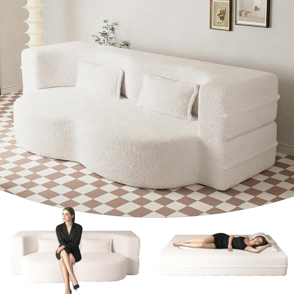 78' Twin Size Convertible Folding Sleeper Sofa Bed, Modern Teddy Fabric Futon Sofa Bed with Pillow, Foam Mattress Loveseat Cloud Couch, No Assembly Floor Couches for Living Room, Apartment, Beige