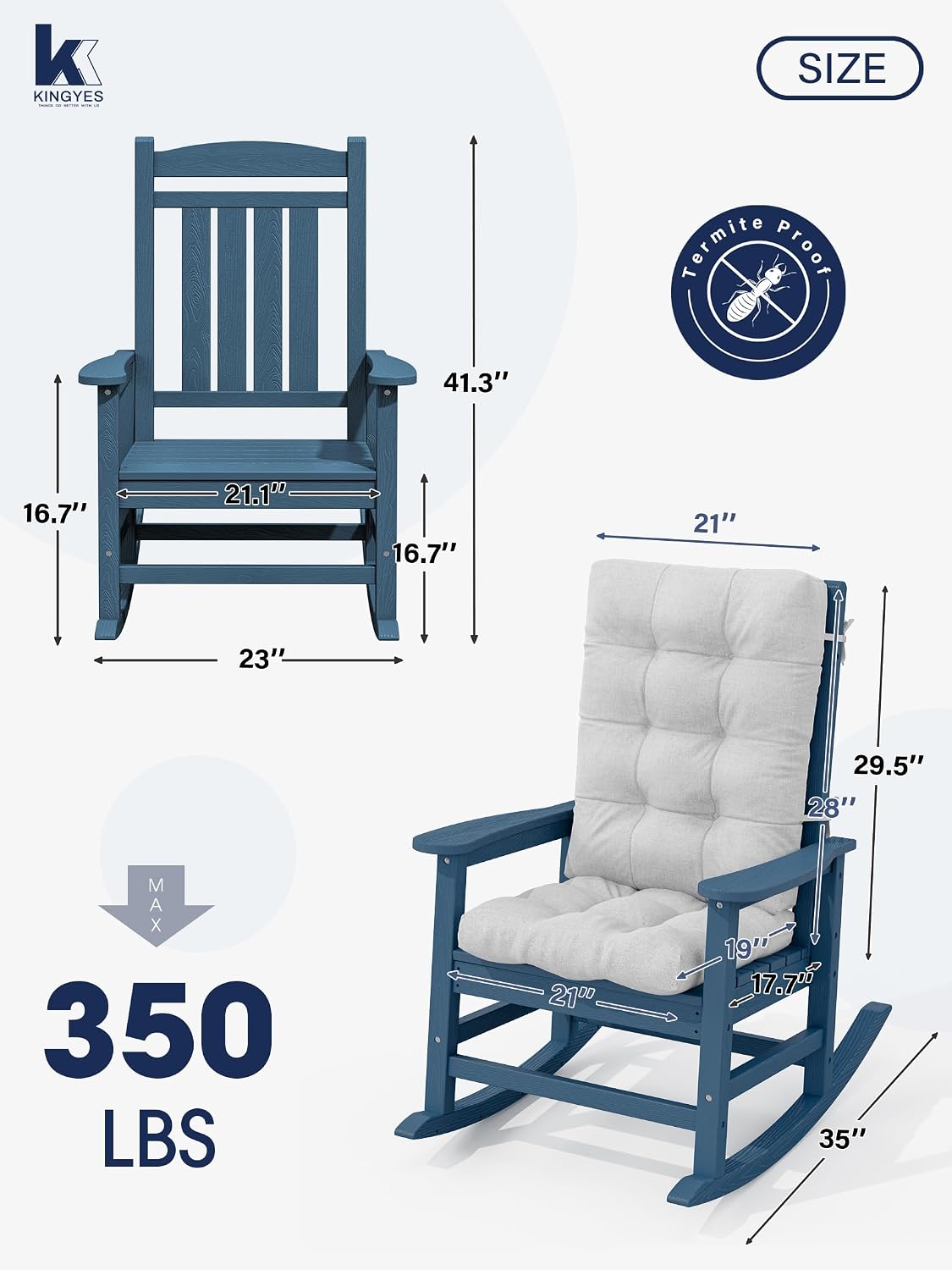 KINGYES Oversized Outdoor Rocking Chair with Cushion Set of 2, All-Weather Patio Rocking Chairs, HDPE Porch Rocker for Adults, 350 lbs Capacity, Blue Chair with Grey Cushion