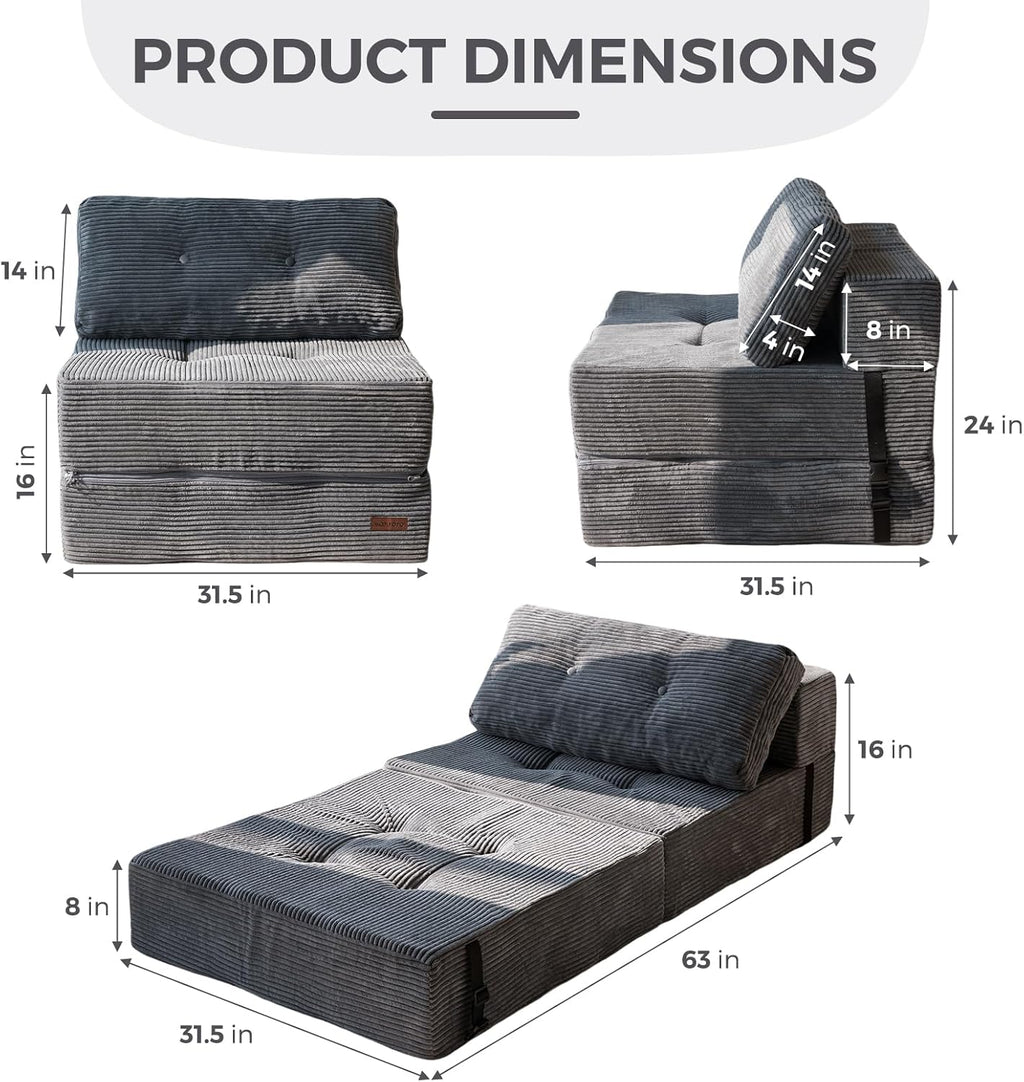 MAXYOYO Folding Sofa Bed, Convertible Sofa Bed with High-Density Support Foam, Portable 4 in 1 Fold Out Chair to Floor Lounger, Versatile Floor Couch for Living Room Bedroom, Dark Grey