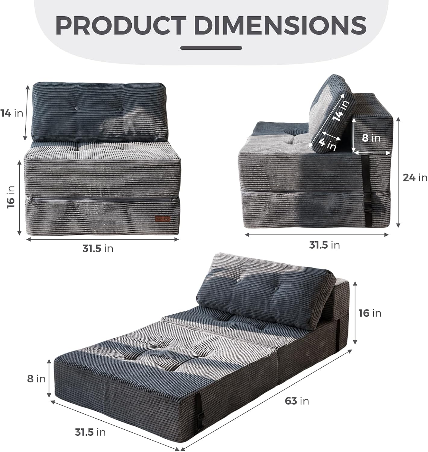 MAXYOYO Folding Sofa Bed, Convertible Sofa Bed with High-Density Support Foam, Portable 4 in 1 Fold Out Chair to Floor Lounger, Versatile Floor Couch for Living Room Bedroom, Dark Grey