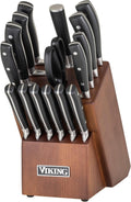 Viking 17 Piece Kitchen Knife Set with Light Walnut Block, Cutlery Set with Stainless Steel Blades and Ergonomic Handles, Dishwasher Safe