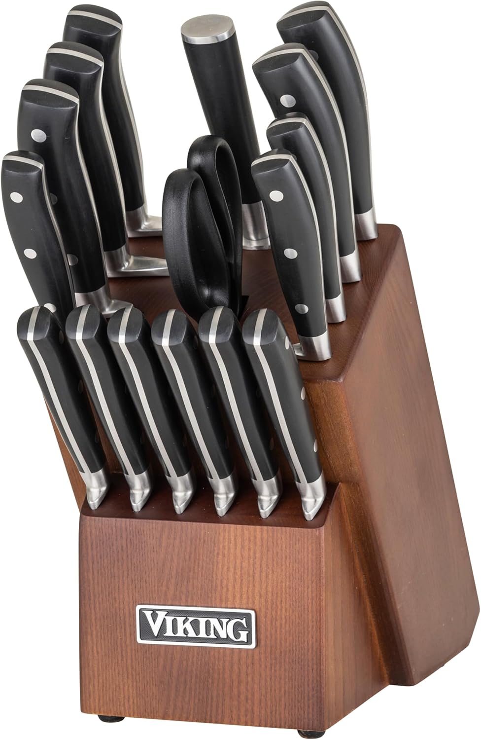 Viking 17 Piece Kitchen Knife Set with Light Walnut Block, Cutlery Set with Stainless Steel Blades and Ergonomic Handles, Dishwasher Safe