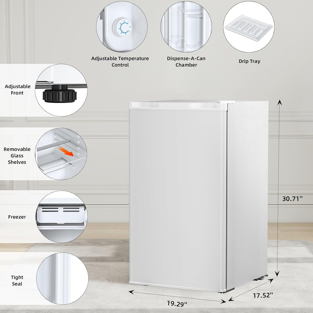 Antarctic Star 3.2 Cu.Ft.Compact Refrigerator with Freezer, Mini Fridge Single Door with Adjustable Thermostat,Removable Glass Shelves for Apartment,Dorm,Office,Kitchen，WHITE