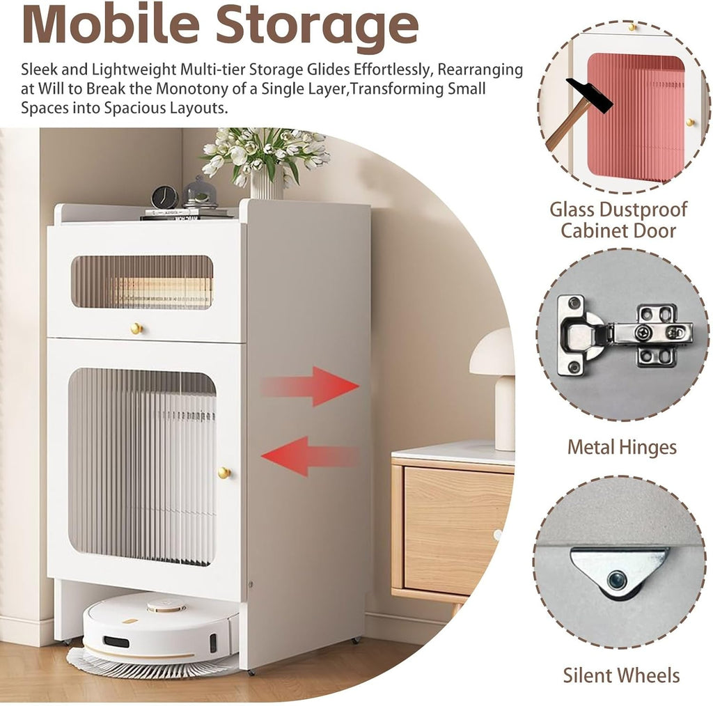 Self-Emptying Robot Vacuum and Mop Mobile Storage Cabinet Robot Vacuum Hidden Storage Cabinet with Wheels Home Office Living Room Garage Wood Accent End Table(Champagne,19.6x15.7x29.5in)