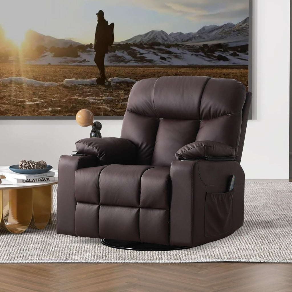 Bonzy Home Swivel Rocker Recliner with Heating and Massage, 40' Manual Rocker Recliner Chair, PU Leather Single Sofa with 2 Cup Holders for Living Room Bedroom, Brown